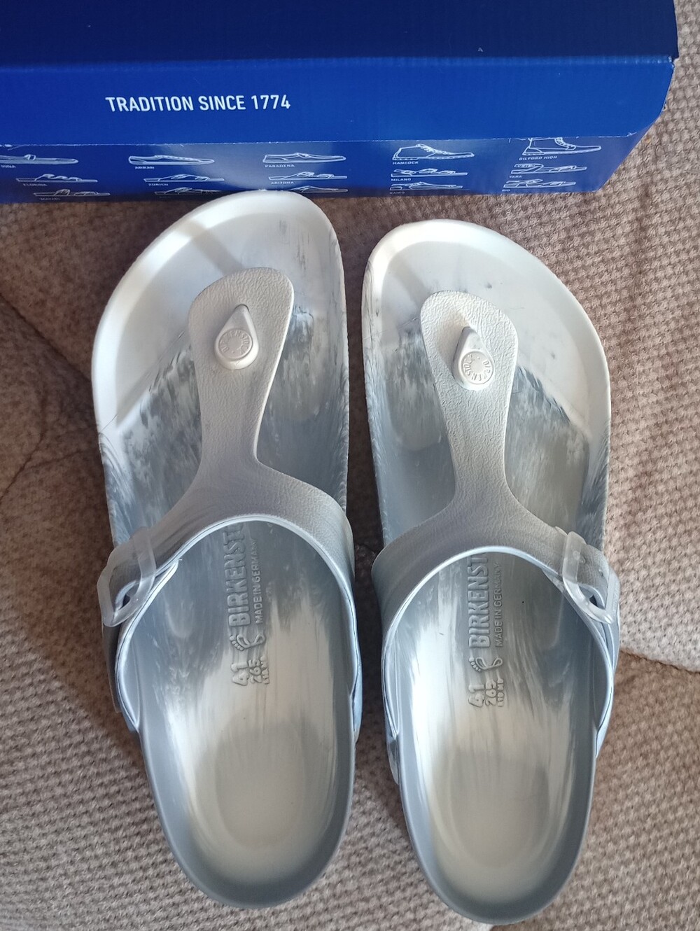 Birkenstock Women’s White Silver Marble Gizeh EVA Thong Sandals